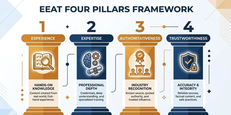 E-E-A-T 四大支柱與搜尋排名關係示意圖