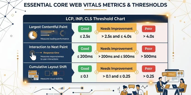 Core Web Vitals 三大指標門檻值對照表