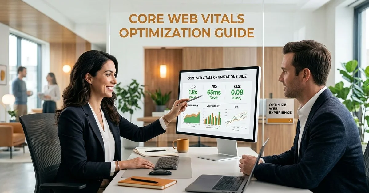 Core Web Vitals 優化指南示意圖，展示 LCP、INP、CLS 三大指標