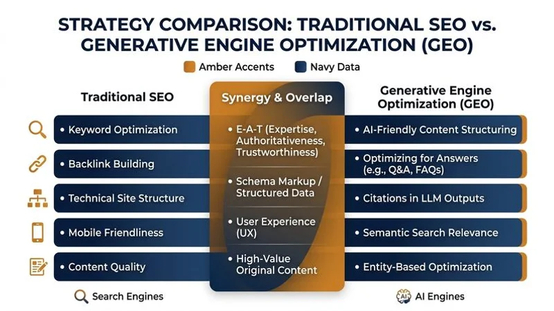 生成式搜尋優化與傳統搜尋引擎優化的對比分析圖表展示核心策略差異和重疊區域