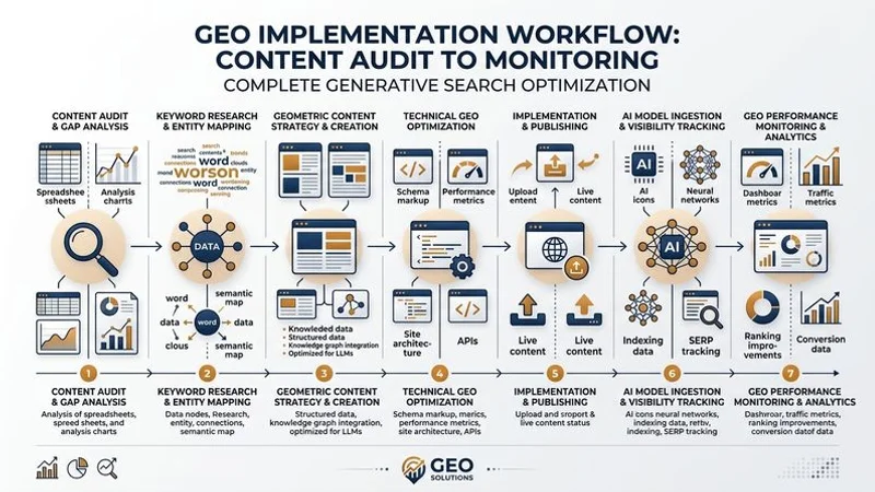 GEO 實施步驟流程圖展示從內容審核到監控優化的完整生成式搜尋優化工作流程