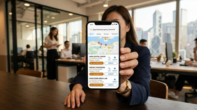 行動裝置上的本地搜尋結果頁面展示地圖包商家列表和一鍵撥打功能介面