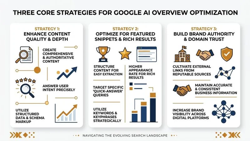 企業因應 Google AI Overview 的三大核心策略和實施路徑圖展示優化步驟框架